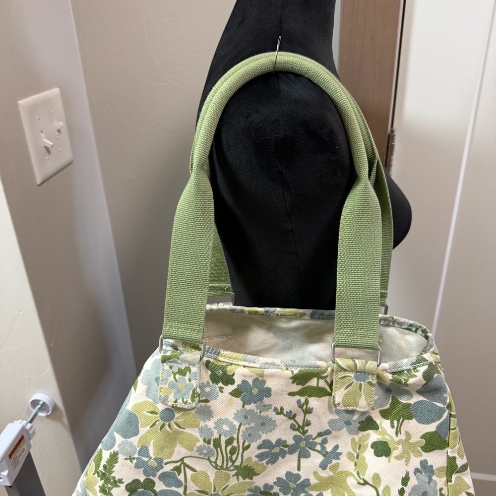 Vintage Eddie Bauer Large‎ Canvas Tote Bag Green Blue Floral Pastel Adjustable - Picture 3 of 8